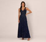 Sleeveless Illusion 3D Petal Beaded Gown In Light Navy 2