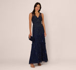 Sleeveless Illusion 3D Petal Beaded Gown In Light Navy 1