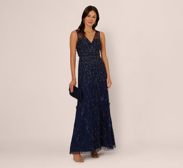 Sleeveless Illusion 3D Petal Beaded Gown In Light Navy Adrianna