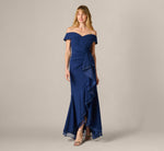 Off Shoulder Stretch Crepe Draped Gown In Navy Sateen 2