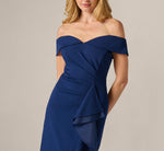Off Shoulder Stretch Crepe Draped Gown In Navy Sateen 3