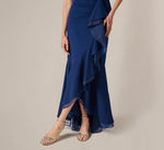 Off Shoulder Stretch Crepe Draped Gown In Navy Sateen 4