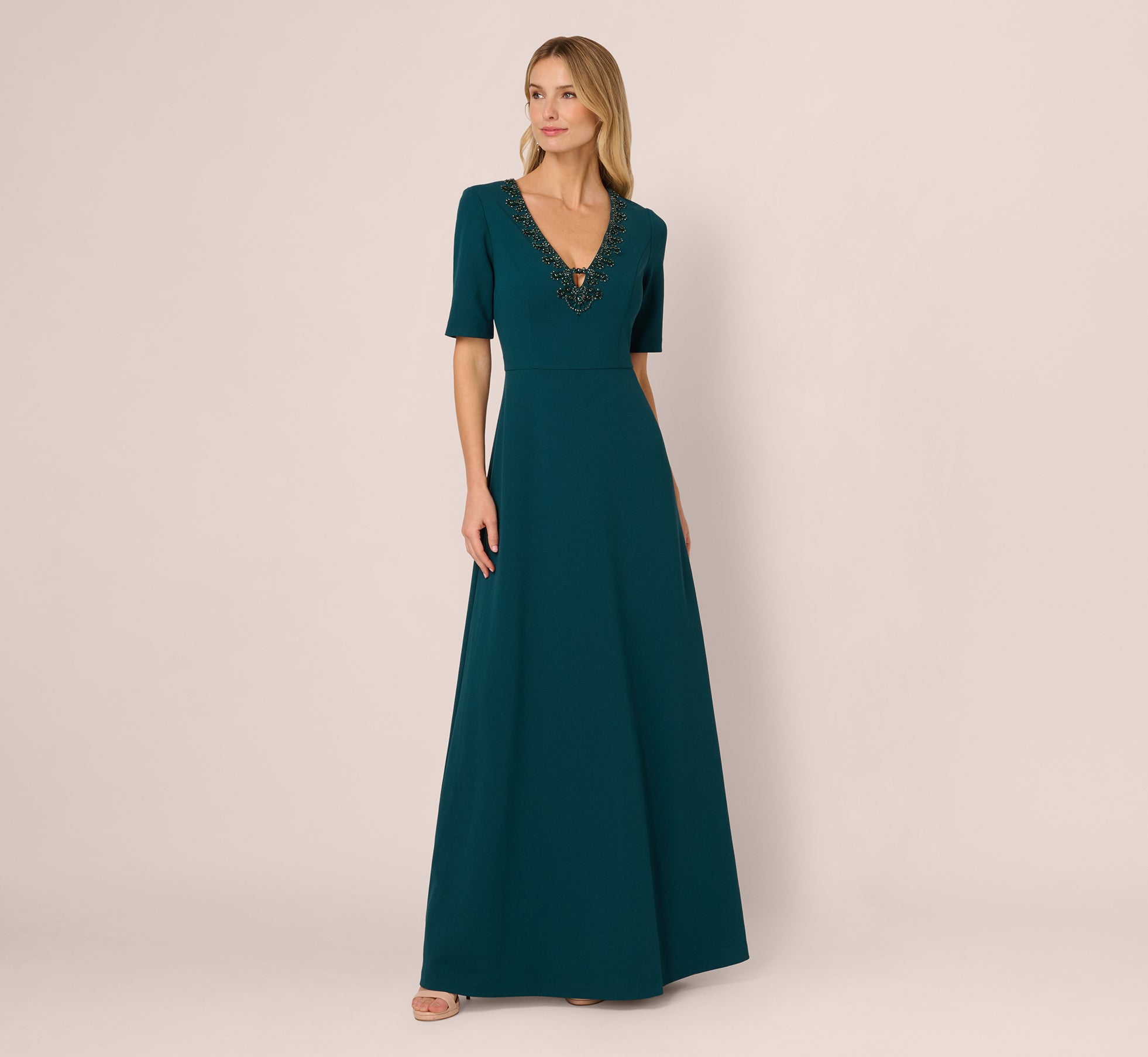 Adrianna Papell Women's Trimmed Mermaid V-Neck Gown - Hunter
