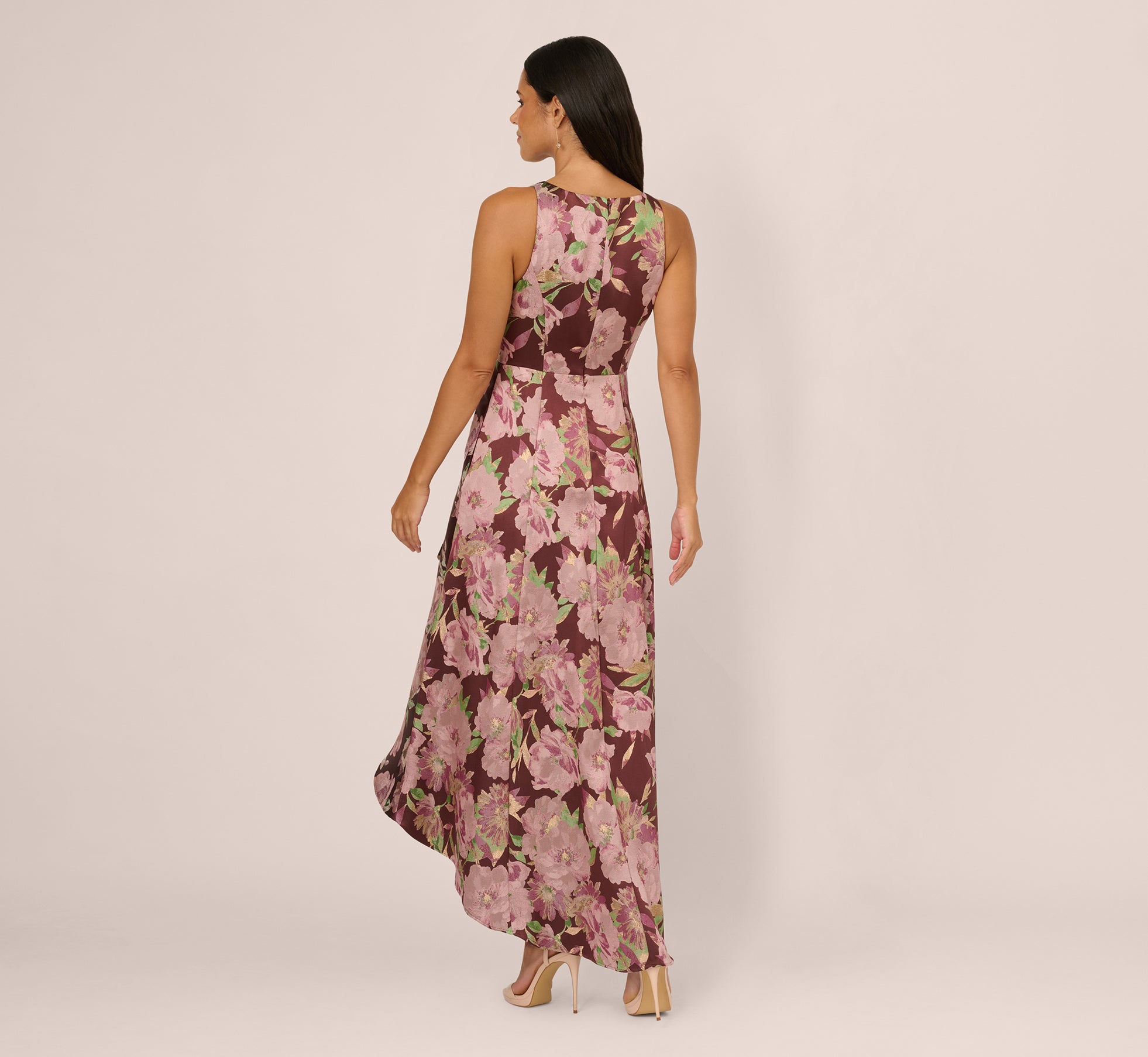 Sleeveless Floral Jacquard High Low Gown In Burgundy Multi