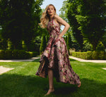 Sleeveless Floral Jacquard High Low Gown In Burgundy Multi 1