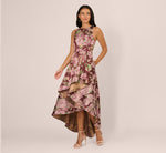 Sleeveless Floral Jacquard High Low Gown In Burgundy Multi 3