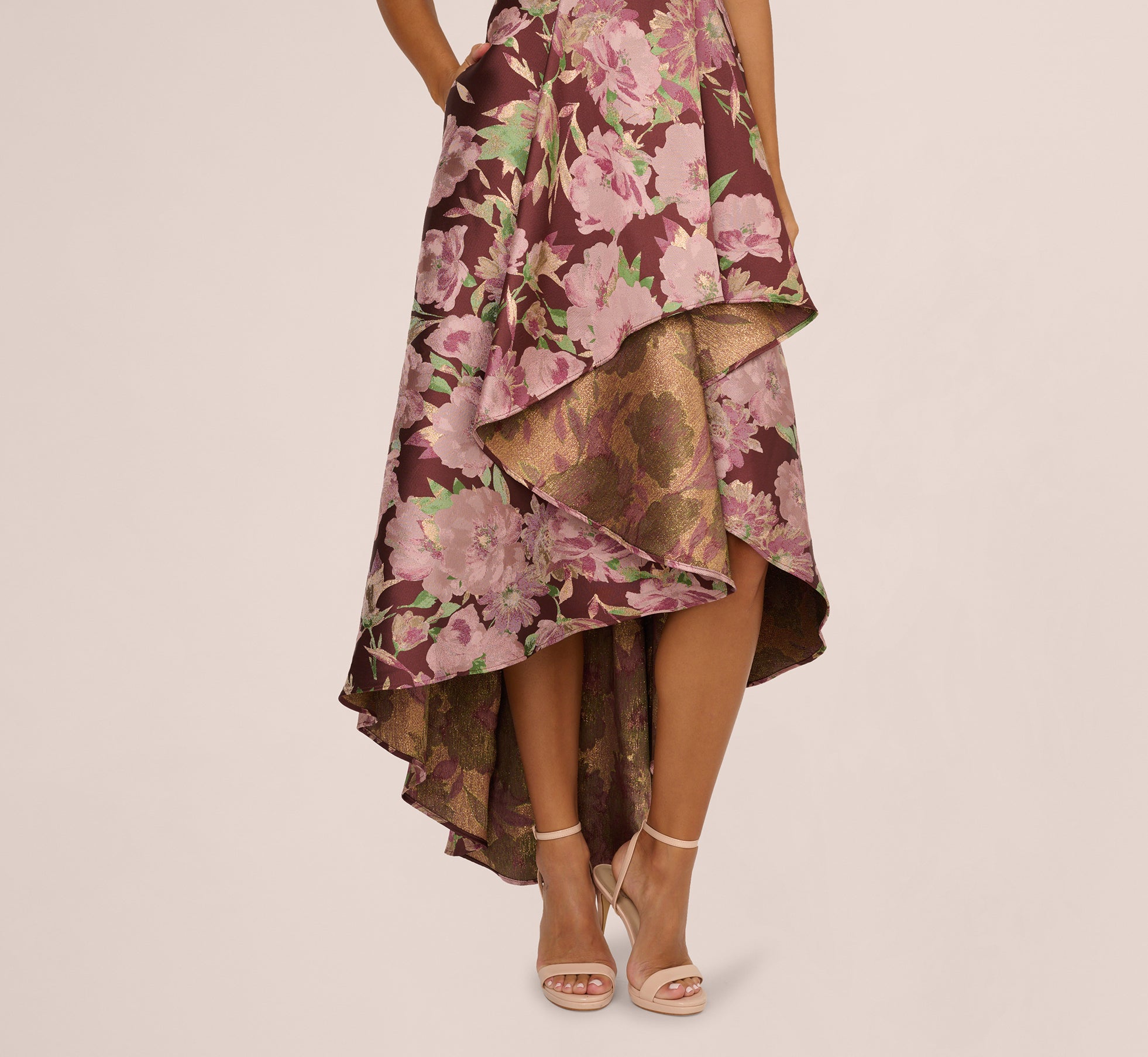 RED Sleeveless Floral Jacquard High Low Gown - Adrianna Papell
