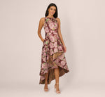 Sleeveless Floral Jacquard High Low Gown In Burgundy Multi 2