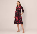 Three Quarter Sleeve Floral Taffeta Shirt Dress In Black Multi 2