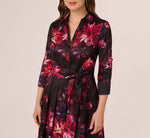 Three Quarter Sleeve Floral Taffeta Shirt Dress In Black Multi 3