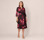 Three Quarter Sleeve Floral Taffeta Shirt Dress In Black Multi 1