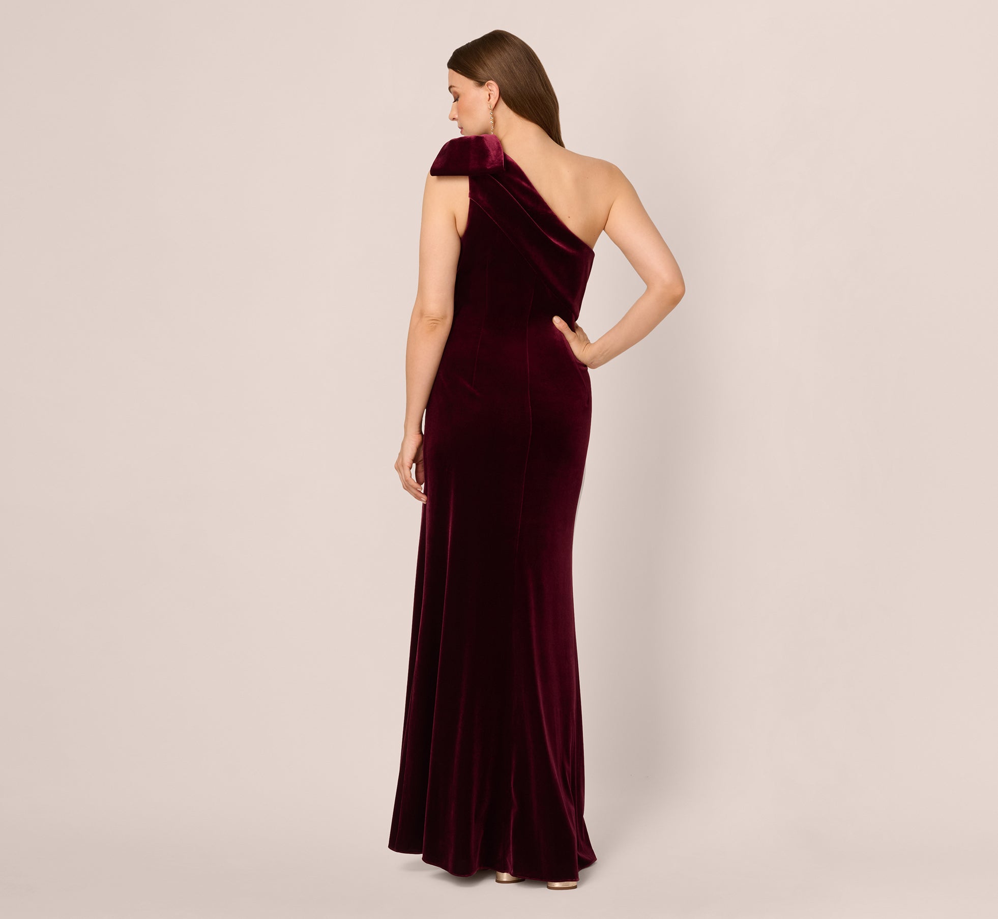 RED One Shoulder Velvet Bow Gown - Adrianna Papell RED One Shoulder Velvet Bow Gown - Adrianna Papell