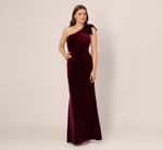 One Shoulder Velvet Bow Gown In Bordeaux 3