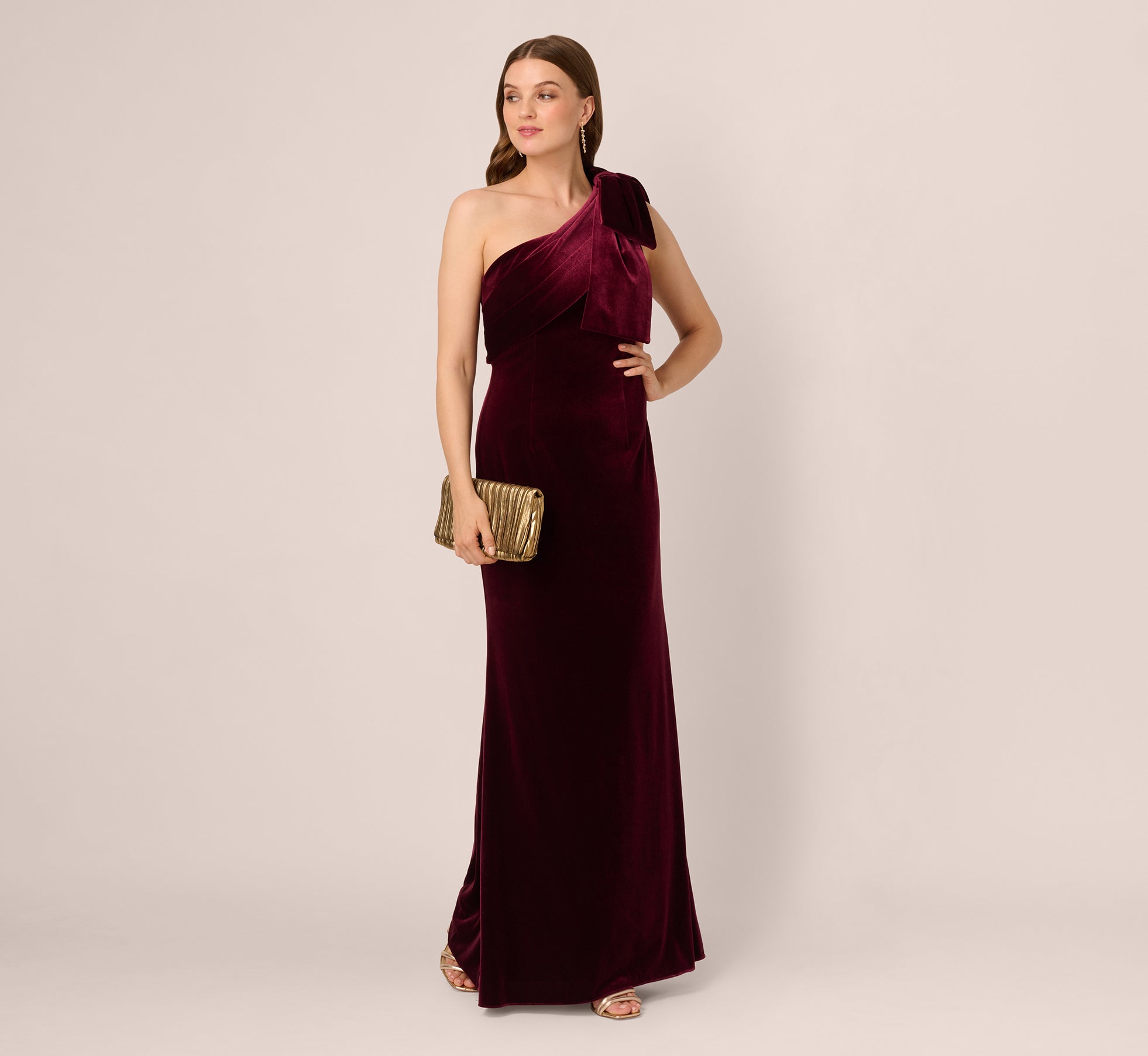 red velvet drape off shoulder column dress RED One Shoulder Velvet Bow Gown