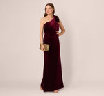 One Shoulder Velvet Bow Gown In Bordeaux 2