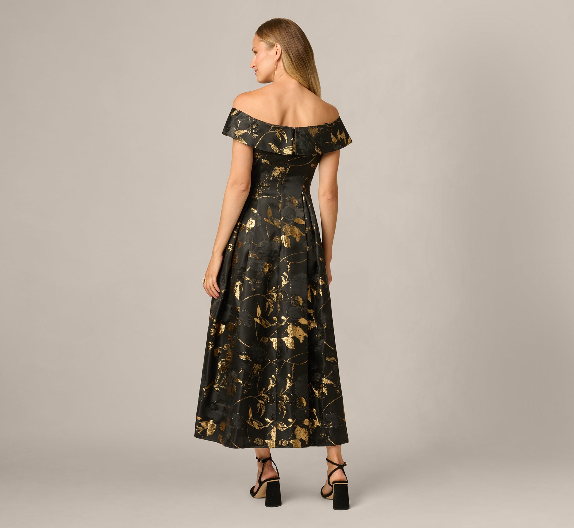 Black Off Shoulder Metallic Jacquard Midi Dress - Adrianna Papell