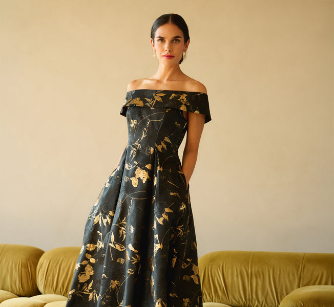 極美品✨️ 即完売品 Acka. jacquard volume dress S Black Off Shoulder Metallic Jacquard Midi Dress - Adrianna Papell