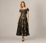 Off Shoulder Metallic Jacquard Midi Dress In Black Gold 2