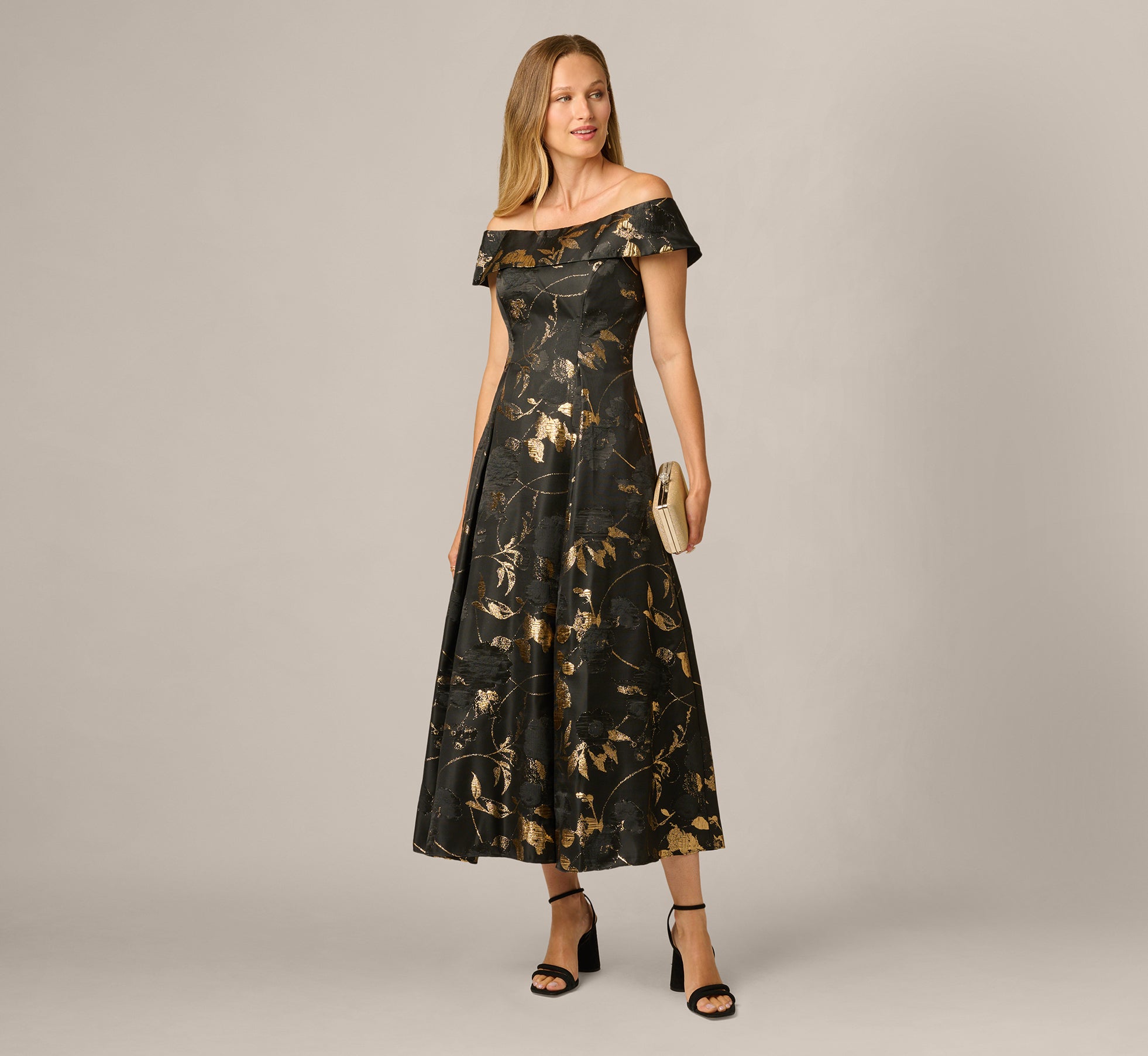 Off Shoulder Metallic Jacquard Midi Dress In Black Gold 1