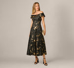 Off Shoulder Metallic Jacquard Midi Dress In Black Gold 1
