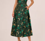 Off Shoulder Metallic Jacquard Midi Dress In Hunter Gold 4