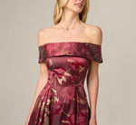Petite Off Shoulder Metallic Jacquard Midi Dress In Burgundy Gold 3