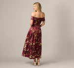 Off Shoulder Metallic Jacquard Midi Dress In Burgundy Gold 5