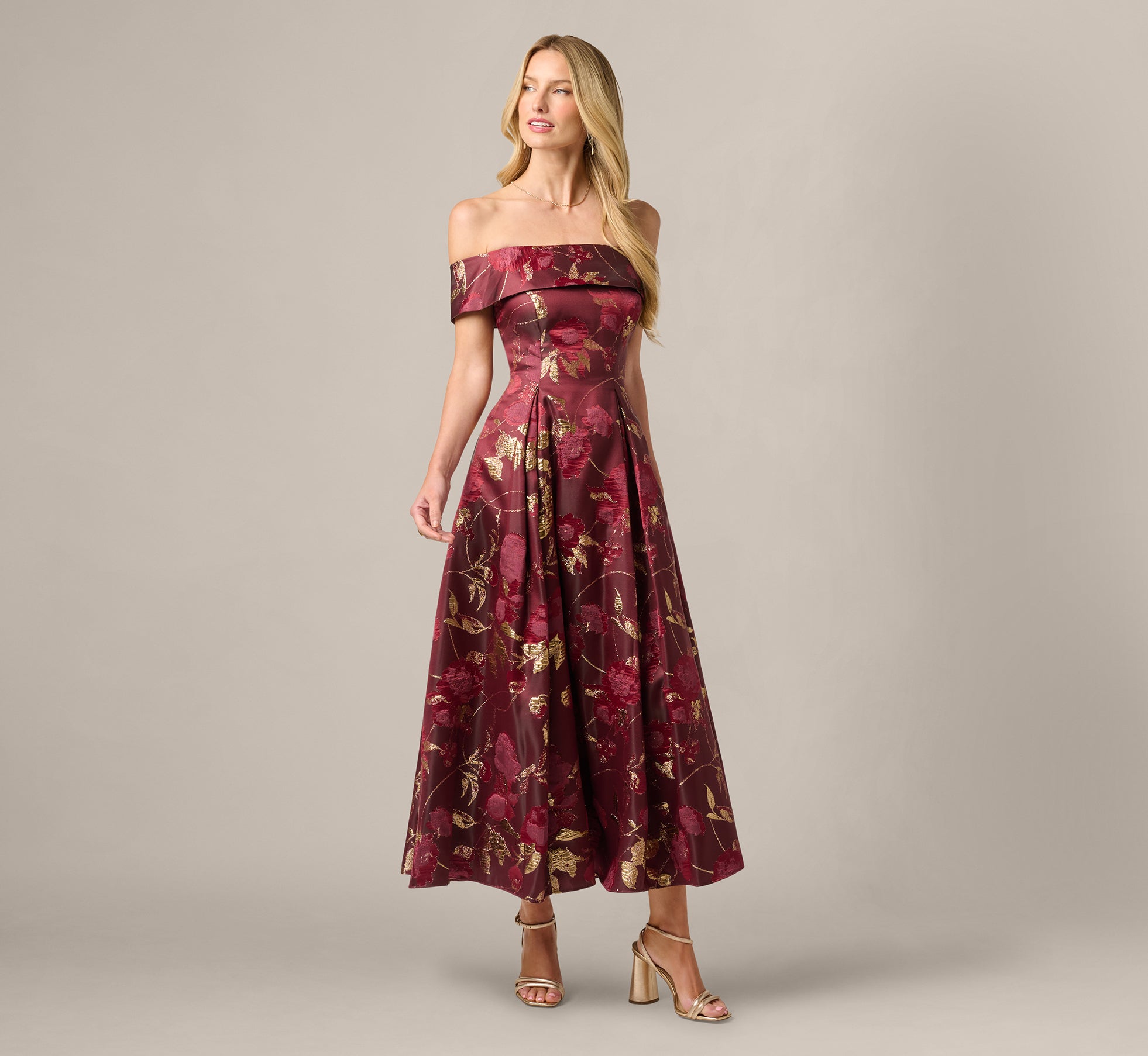 Off Shoulder Metallic Jacquard Midi Dress In Burgundy Gold, Burgundy/Gold / Regular / 6