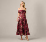 Off Shoulder Metallic Jacquard Midi Dress In Burgundy Gold 2