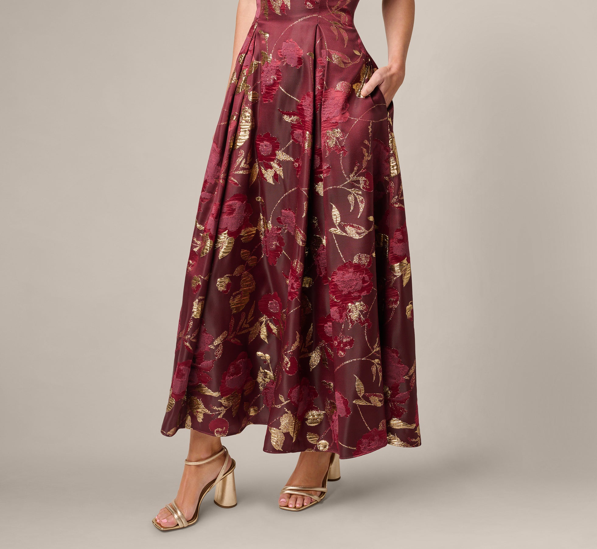 maroon and gold casual dress Burgundy Sleeveless Dress with Gold Sandals
