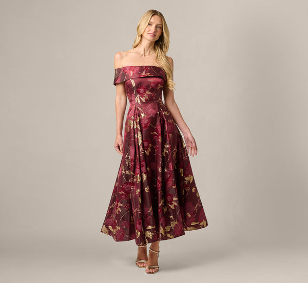 Adrianna Papell Women's Off-The-Shoulder Midi Dress - Burgundy Gold