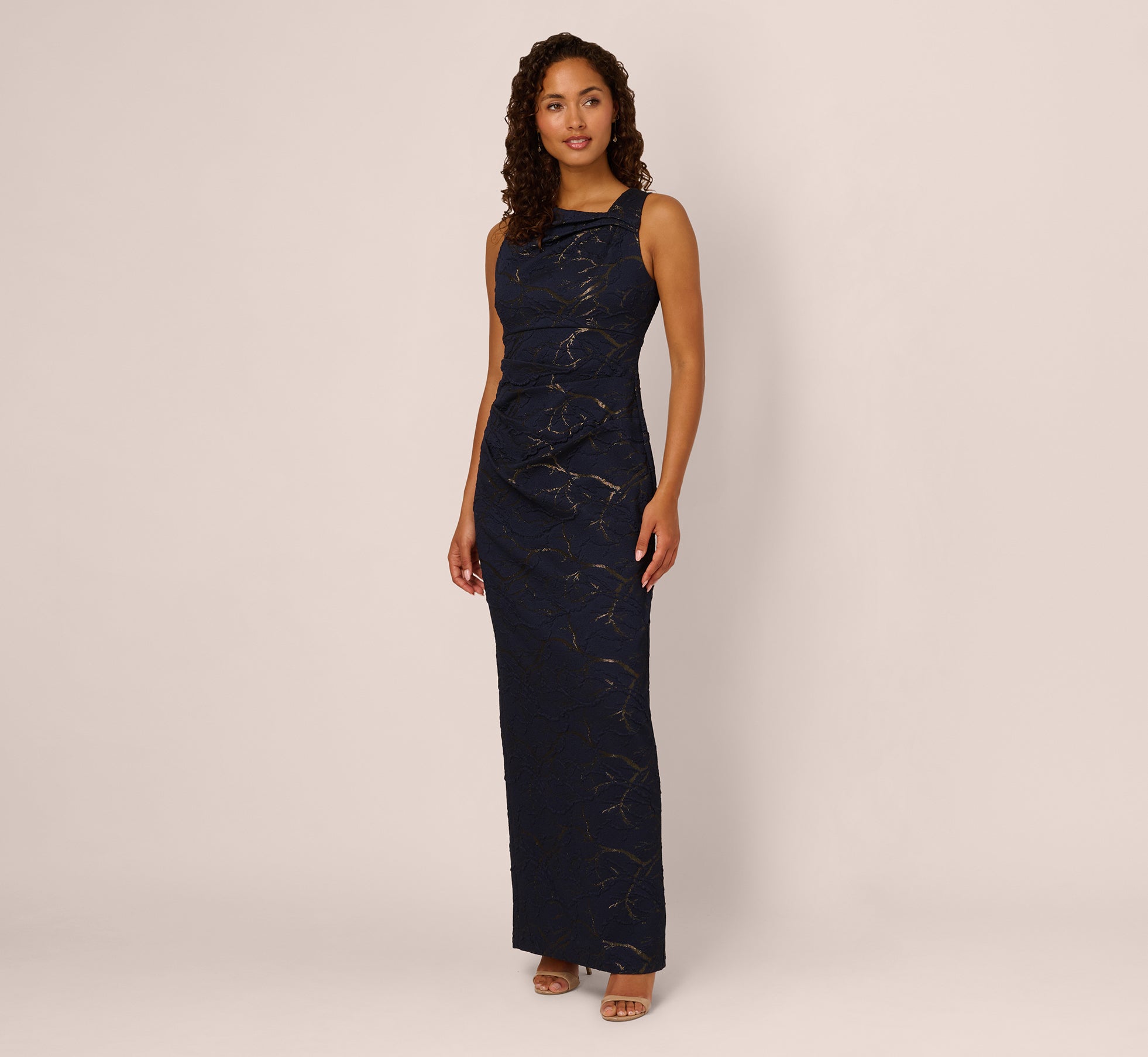 Navy Sleeveless Jacquard Column Gown