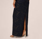 Sleeveless Jacquard Column Gown In Navy 4