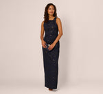 Sleeveless Jacquard Column Gown In Navy 1