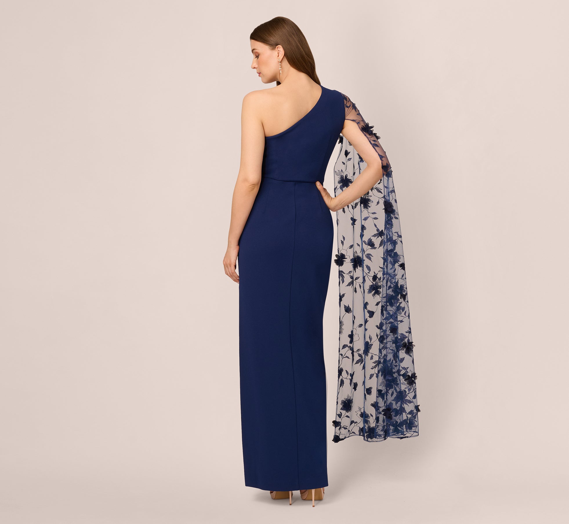 Navy One Shoulder Floral Cape Sleeve Dress - Adrianna Papell
