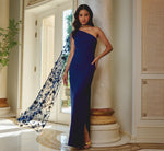 One Shoulder Floral Cape Sleeve Dress In Navy Sateen 1