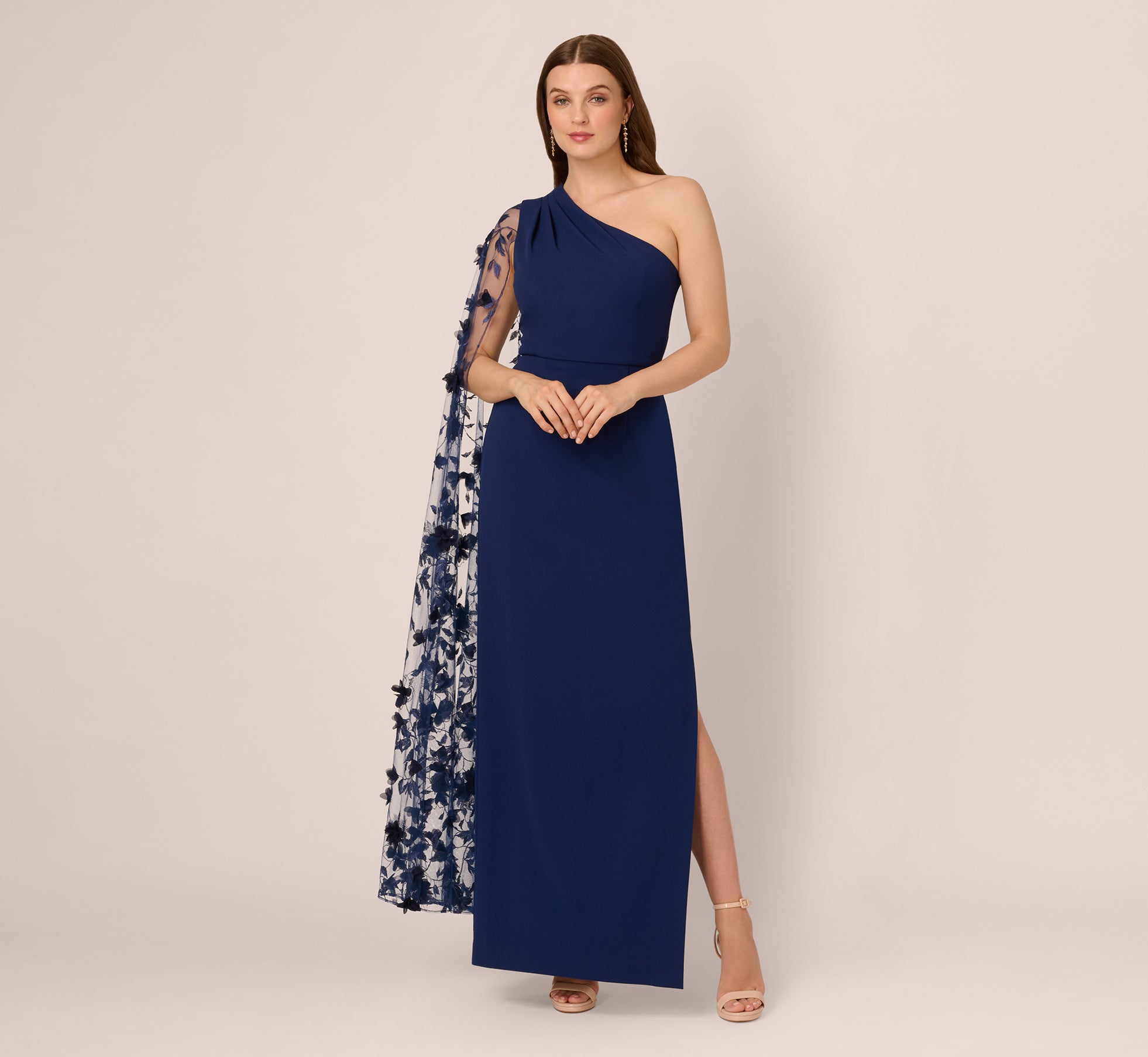 adrianna papell off shoulder cape dress Navy One Shoulder Floral Cape Sleeve Dress
