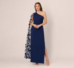 One Shoulder Floral Cape Sleeve Dress In Navy Sateen 3