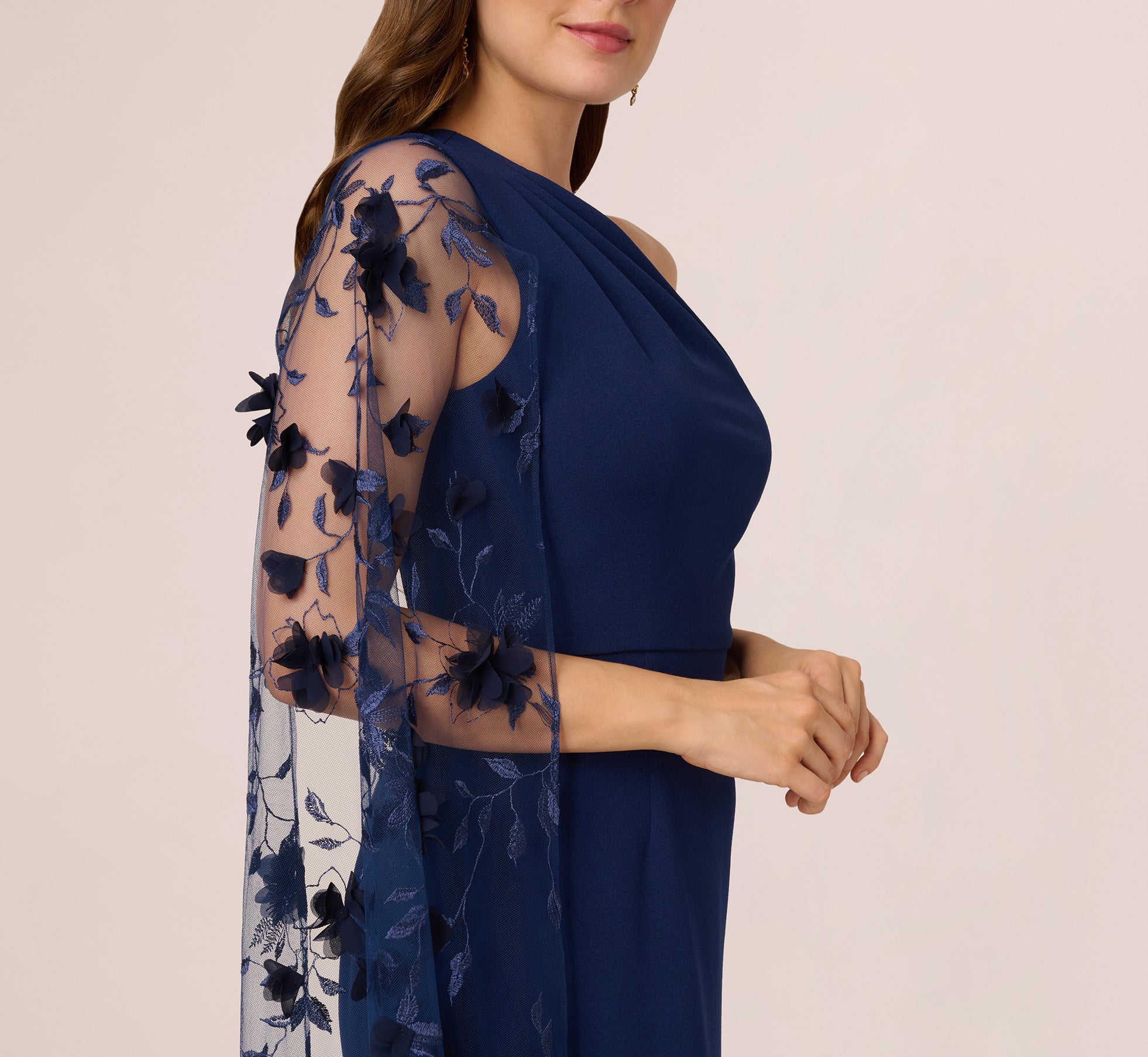 adrianna papell off shoulder cape dress Navy One Shoulder Floral Cape Sleeve Dress
