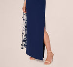 One Shoulder Floral Cape Sleeve Dress In Navy Sateen 5