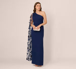 One Shoulder Floral Cape Sleeve Dress In Navy Sateen 2