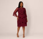 Plus Size Three Quarter Sleeve Velvet Floral Bead Sheath Dress In Mahogany 2