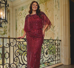 Plus Size Linear Bead Cape Column Gown In Mahogany 1