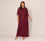 Plus Size Linear Bead Cape Column Gown In Mahogany 3