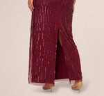 Plus Size Linear Bead Cape Column Gown In Mahogany 5