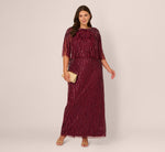 Plus Size Linear Bead Cape Column Gown In Mahogany 2