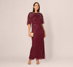 Linear Bead Cape Column Gown In Mahogany 1