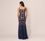 Sleeveless Square Neck Floral Beaded Godet Gown In Navy Pink Multi 6