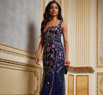 Sleeveless Square Neck Floral Beaded Godet Gown In Navy Pink Multi 1