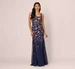 Sleeveless Square Neck Floral Beaded Godet Gown In Navy Pink Multi 3